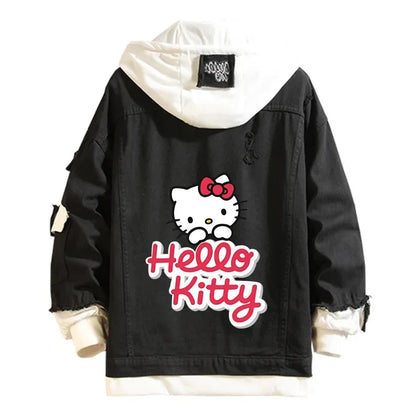 Anime Sanrio Denim Bomber Veste Hello Kitty Jeans à capuche Sweat-shirt Unisexe Trou déchiré Cosplay Sweat à capuche Veste en jean à manches longues