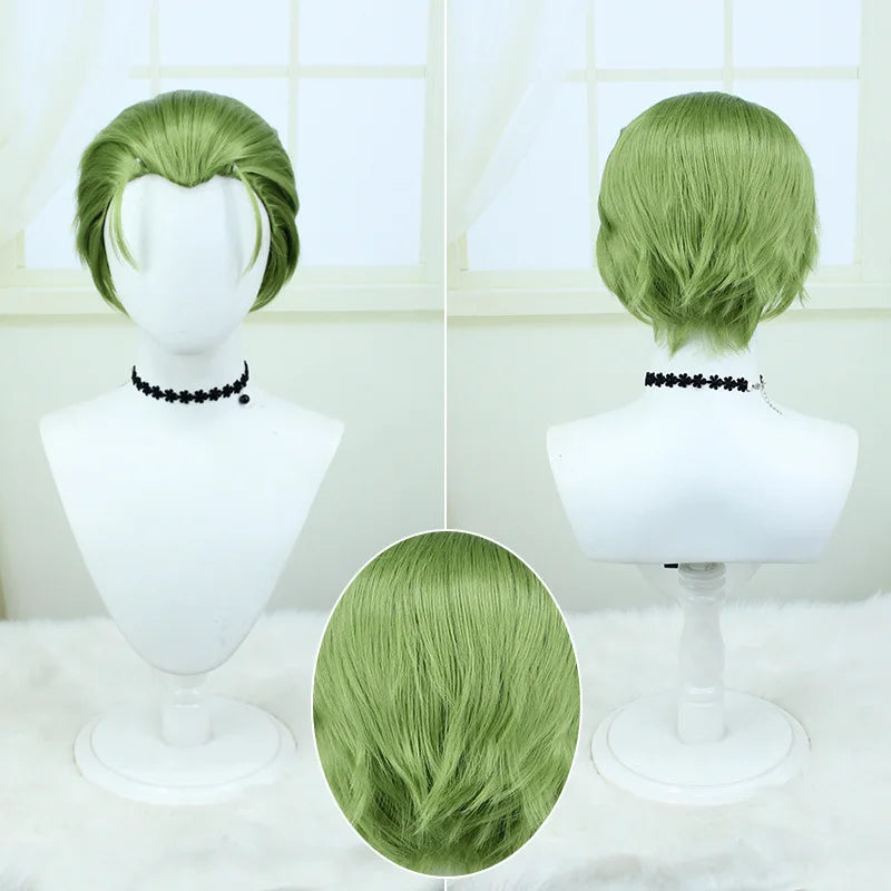 HeClaCosplay-Perruque Synthétique Droite Courte, Frieren aux Funérailles, Cheveux Verts à Dos Léché, Degré de Chaleur, Jeu de Plis d'Halloween