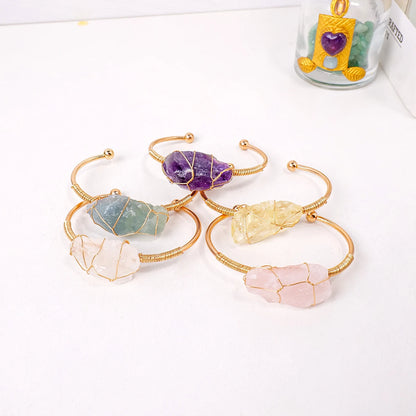 Bracelet en cristal naturel avec pierres précieuses brutes, 1 pièce, fil de cuivre tissé à la main, ouvert, breloque assortie à la mode, bijoux fins