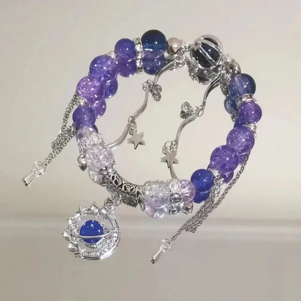 Bracelets de luxe légers en perles de cristal de verre violet pour femmes, pendentif Chic avec pompon papillon, bijoux de poignet pour fille douce