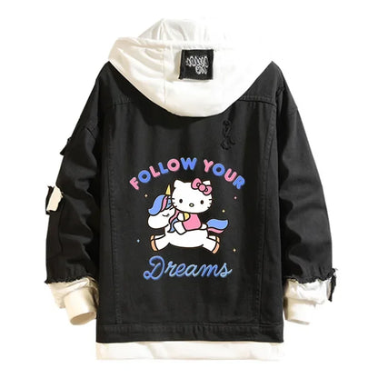 Anime Sanrio Denim Bomber Veste Hello Kitty Jeans à capuche Sweat-shirt Unisexe Trou déchiré Cosplay Sweat à capuche Veste en jean à manches longues