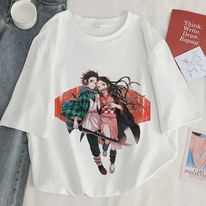 Démon Slayer imprimer t-shirt femmes Harajuku esthétique hauts blancs t-shirt japon Anime Ullzang femme t-shirt été noir t-shirt