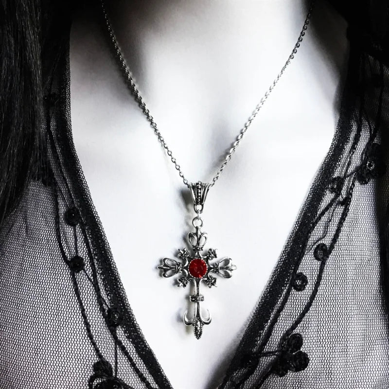 Grand collier de croix chrétienne baroque couleur argent avec cristaux, Crucifix gothique et bijoux de pâques, Crucifix à bijoux unisexe