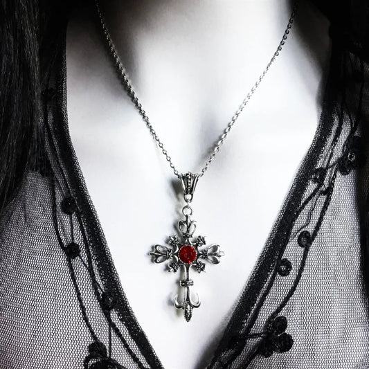 Grand collier de croix chrétienne baroque couleur argent avec cristaux, Crucifix gothique et bijoux de pâques, Crucifix à bijoux unisexe