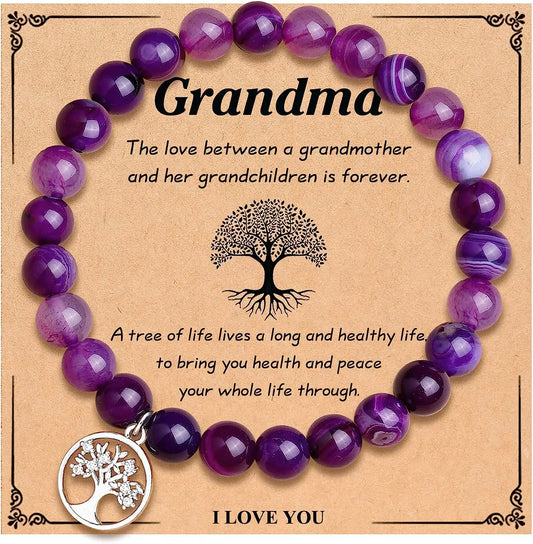 Bracelet en Agate violette, carte d'arbre de vie, Bracelet en pierre naturelle perlée de Rhodochrosite, cadeaux d'anniversaire et de noël pour Nana/grand-mère/maman