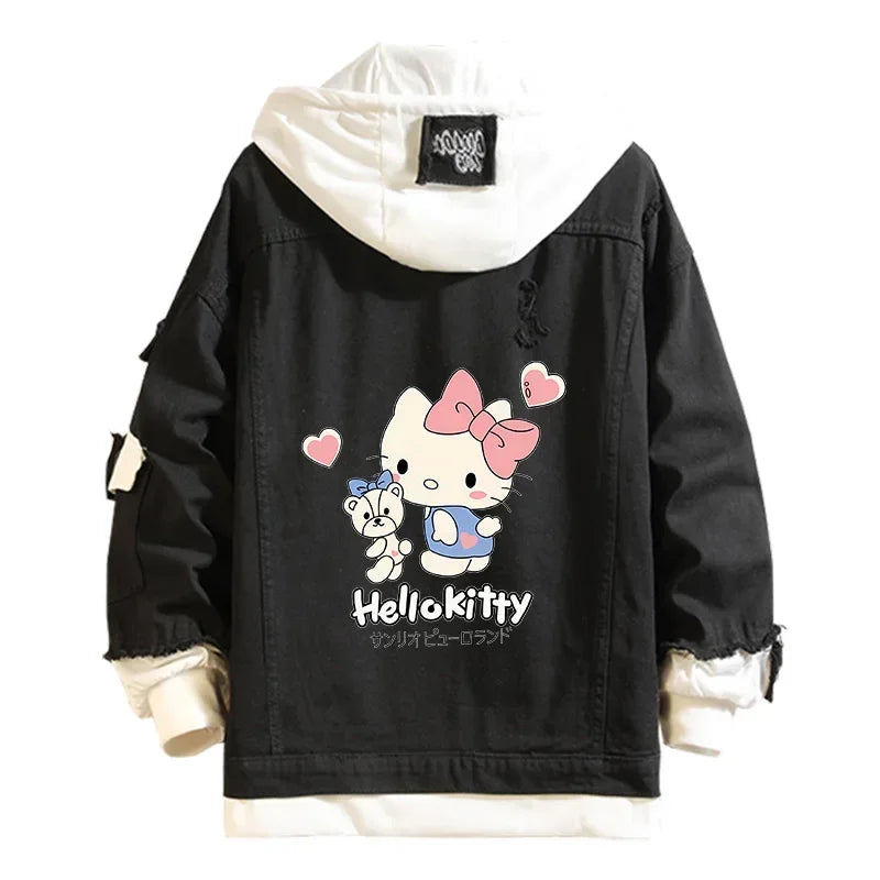 Anime Sanrio Denim Bomber Veste Hello Kitty Jeans à capuche Sweat-shirt Unisexe Trou déchiré Cosplay Sweat à capuche Veste en jean à manches longues