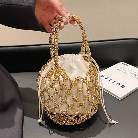 Sac à main tissé de luxe pour femmes, sac de rangement de grande capacité, sac à cordon, sac tissé Portable, sac seau tissé pour filles