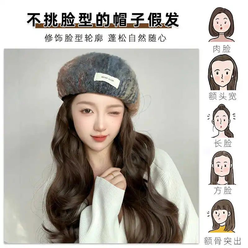 Perruque chapeau femmes tout en un automne/hiver nouvelle mode cheveux longs bouclés arc-en-ciel peinture à l'huile béret simulé cheveux perruque casque
