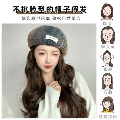 Perruque chapeau femmes tout en un automne/hiver nouvelle mode cheveux longs bouclés arc-en-ciel peinture à l'huile béret simulé cheveux perruque casque