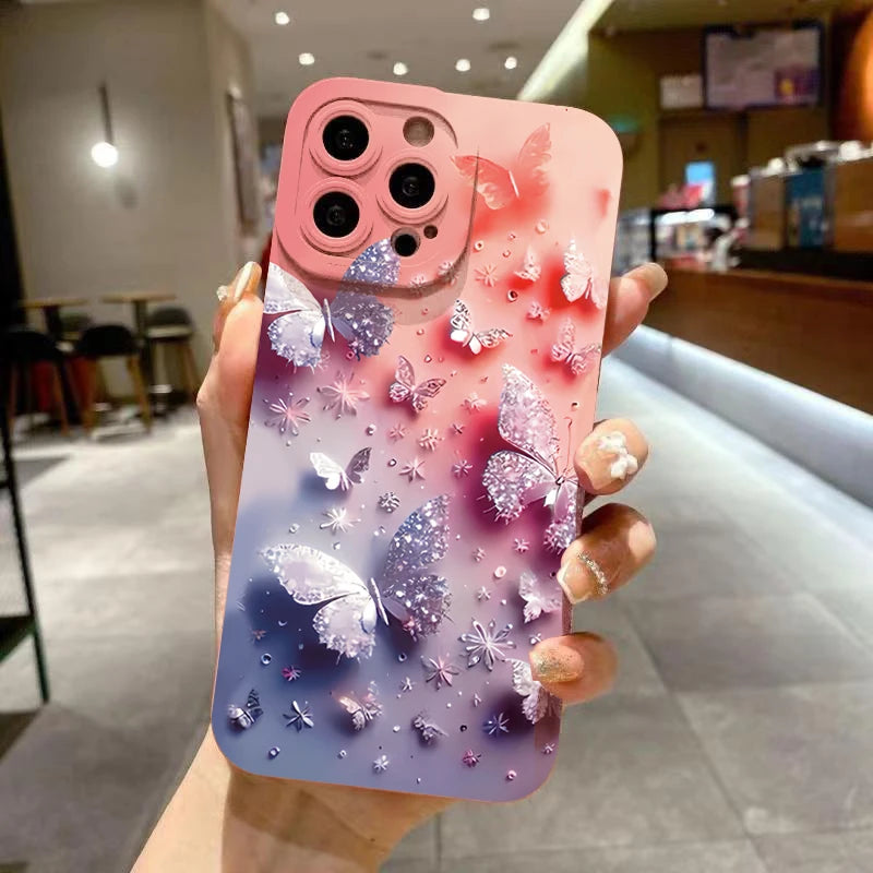 Coque de téléphone antichoc au Design papillon et Floral, étui mat pour iPhone 11 12 13 14 15 16 Pro Max 16E Mini XR XS X 7 8 Plus SE2