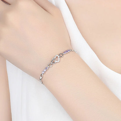 Nouveau 925 Bracelet en argent Sterling violet cristal Zircon coeur pour femme Bracelet à breloques bijoux cadeau