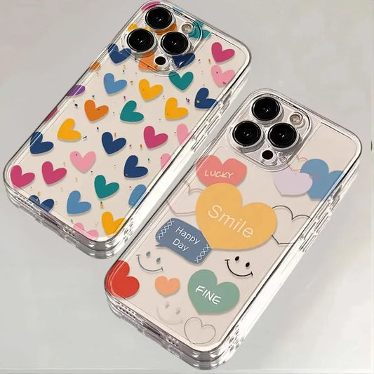 INS – coque de téléphone colorée en forme de cœur, étui transparent souriant pour iPhone 16 15 14 11 12 13 Pro Max Plus Mini XS XR 7 8 SE