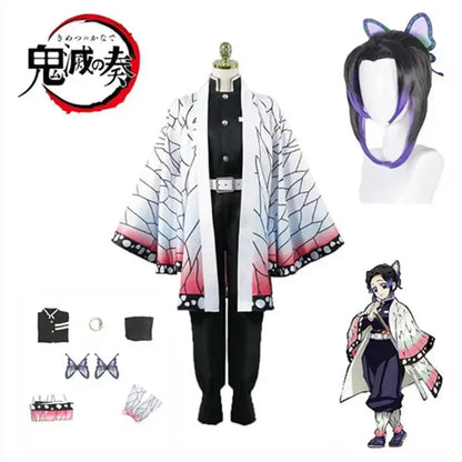 Costume de Cosplay Anime Demon Slayer Kimetsu No Yaiba Kochou Shinobu, ensemble de perruques, uniforme Kimono, Costumes d'halloween pour enfants et adultes