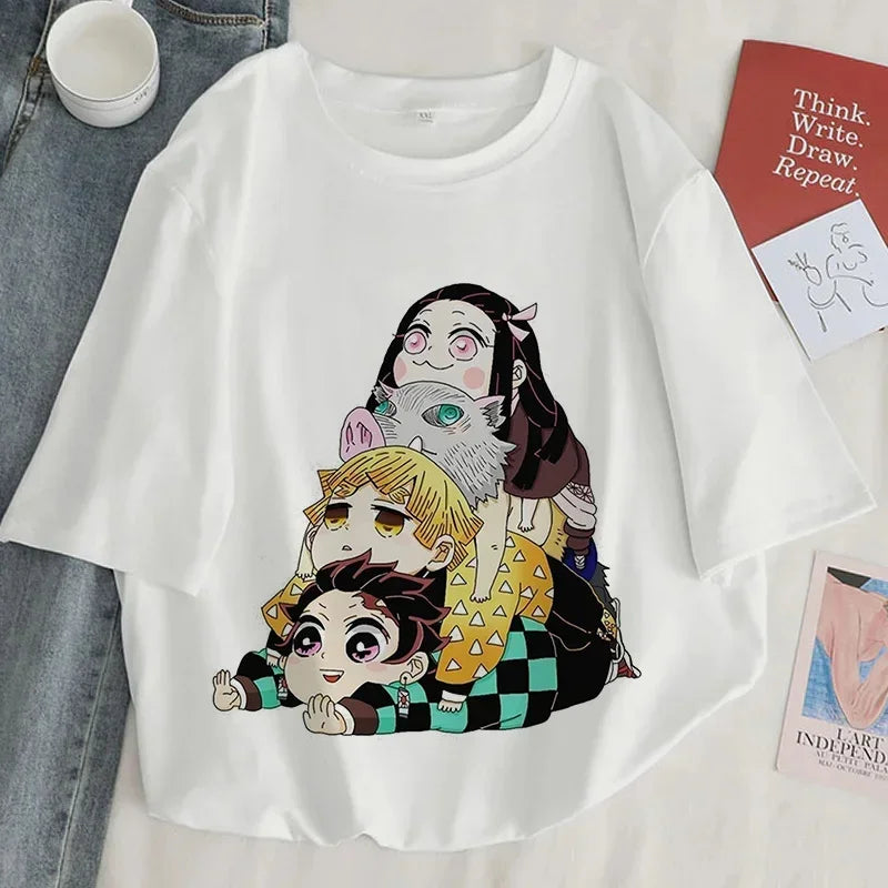 Démon Slayer imprimer t-shirt femmes Harajuku esthétique hauts blancs t-shirt japon Anime Ullzang femme t-shirt été noir t-shirt