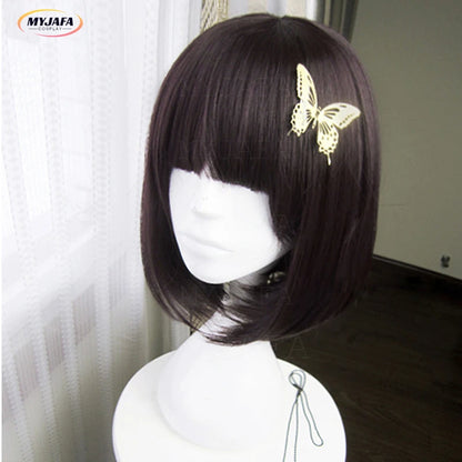 Perruque de Cosplay Anime Bungo Stray Dogs Akiko Yosano, épingle à cheveux papillon, Bob court, violet, noir, perruques résistantes à la chaleur + bonnet de perruque