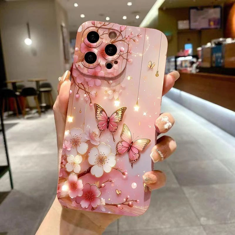 Coque de téléphone antichoc au Design papillon et Floral, étui mat pour iPhone 11 12 13 14 15 16 Pro Max 16E Mini XR XS X 7 8 Plus SE2