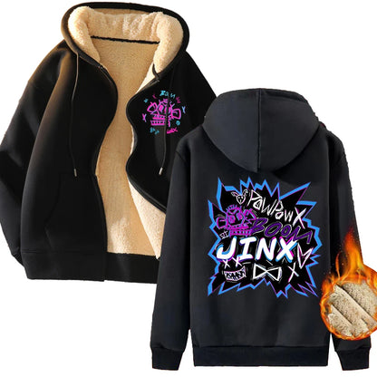 New Arcane Jinx Zip Up Hoodie Men Anime Hoodies Thickened Warm Hooded Sweatshirts Casual Sports Coat 2024 Winter Women Clothes