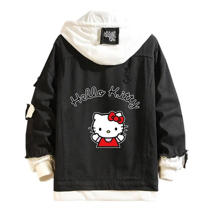 Anime Sanrio Denim Bomber Veste Hello Kitty Jeans à capuche Sweat-shirt Unisexe Trou déchiré Cosplay Sweat à capuche Veste en jean à manches longues