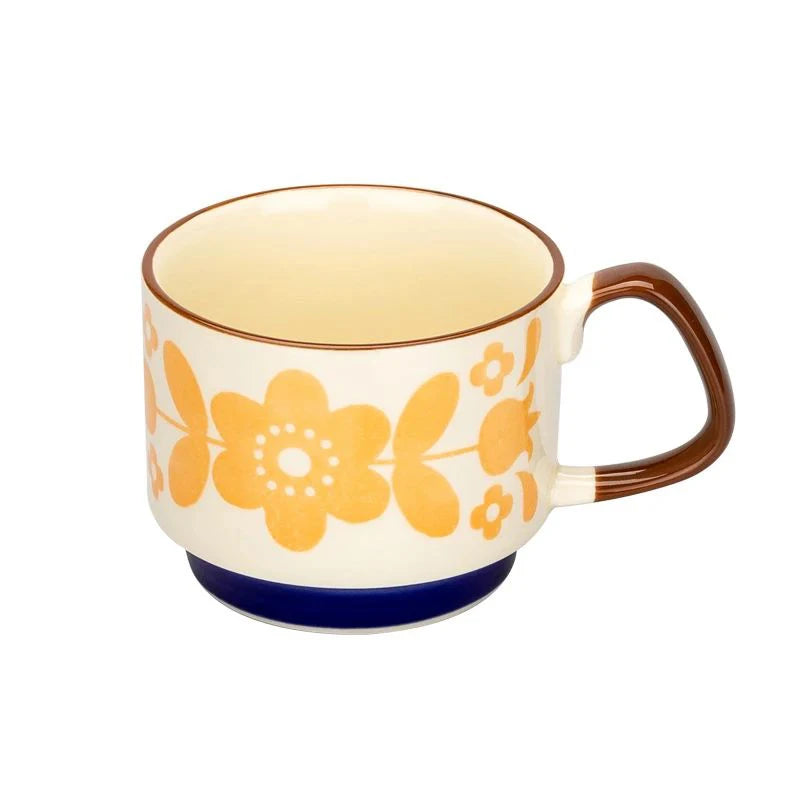 YWDL Japanese Flower Coffee Cup Set Retro Ceramic Milk Oatmeal Mug Office Water Handle Cup Kitchen Party Drinkware Set 300ml