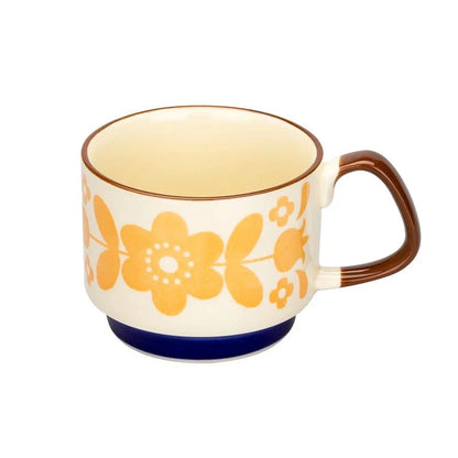 YWDL Japanese Flower Coffee Cup Set Retro Ceramic Milk Oatmeal Mug Office Water Handle Cup Kitchen Party Drinkware Set 300ml