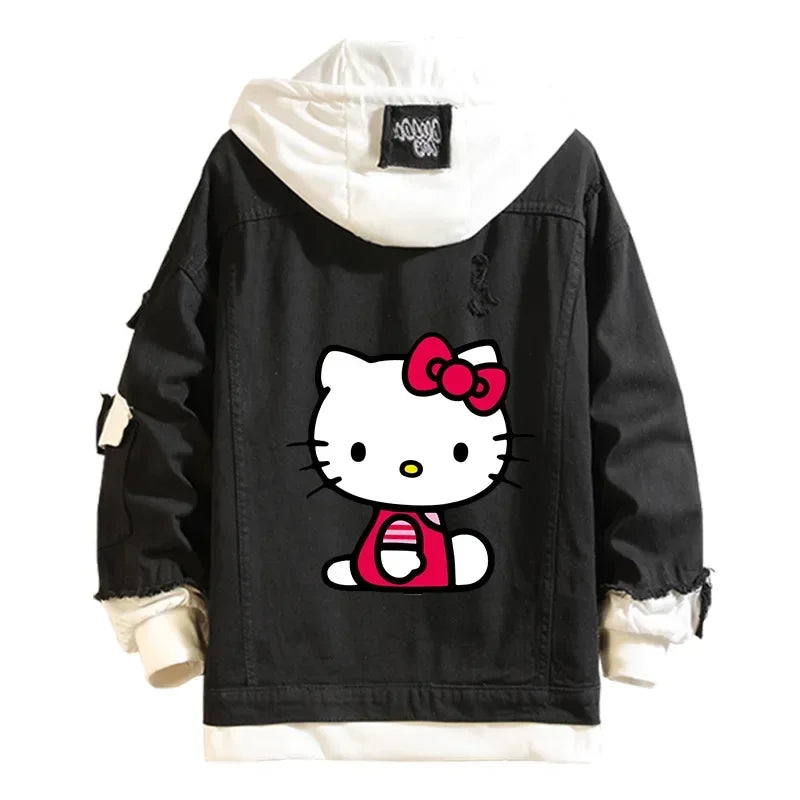 Anime Sanrio Denim Bomber Veste Hello Kitty Jeans à capuche Sweat-shirt Unisexe Trou déchiré Cosplay Sweat à capuche Veste en jean à manches longues