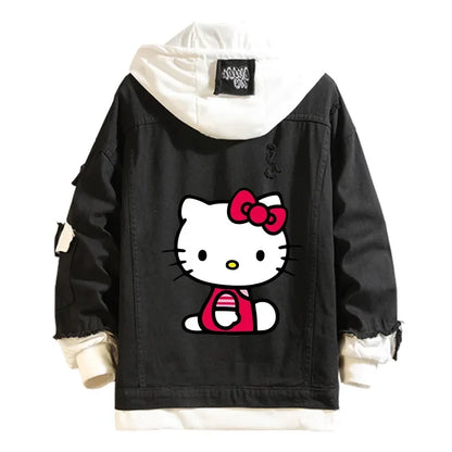 Anime Sanrio Denim Bomber Veste Hello Kitty Jeans à capuche Sweat-shirt Unisexe Trou déchiré Cosplay Sweat à capuche Veste en jean à manches longues