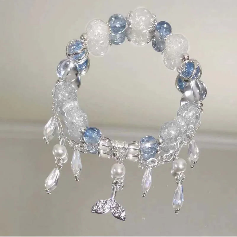 Bracelets de luxe légers en perles de cristal de verre violet pour femmes, pendentif Chic avec pompon papillon, bijoux de poignet pour fille douce