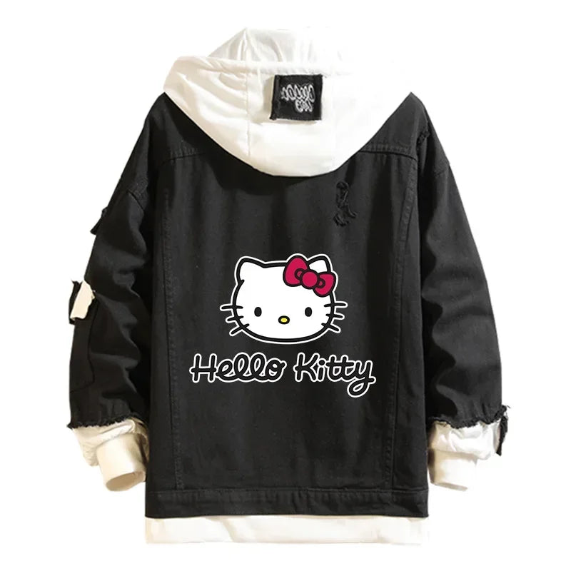 Anime Sanrio Denim Bomber Veste Hello Kitty Jeans à capuche Sweat-shirt Unisexe Trou déchiré Cosplay Sweat à capuche Veste en jean à manches longues