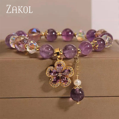 ZAKOL – Bracelet à breloques en Zircon pour femmes et filles, perles de cristal violettes exquises, bijoux d'anniversaire mignons, accessoires, cadeaux