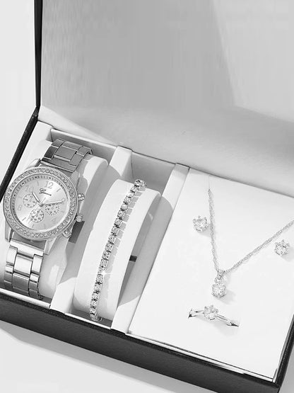 Montre à quartz WOarmacy polyvalente, bracelet incrusté de diamants, collier, boucles d'oreilles, ensemble de matiques, à la mode, 6 pièces
