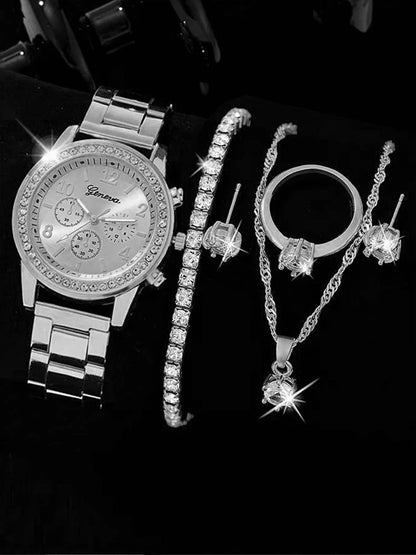 Montre à quartz WOarmacy polyvalente, bracelet incrusté de diamants, collier, boucles d'oreilles, ensemble de matiques, à la mode, 6 pièces