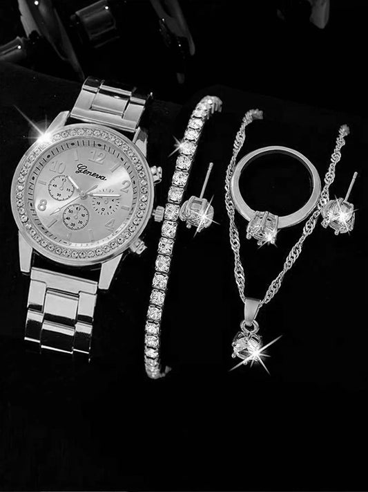 Montre à quartz WOarmacy polyvalente, bracelet incrusté de diamants, collier, boucles d'oreilles, ensemble de matiques, à la mode, 6 pièces