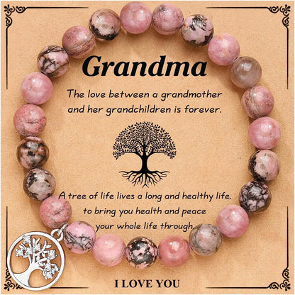 Bracelet en Agate violette, carte d'arbre de vie, Bracelet en pierre naturelle perlée de Rhodochrosite, cadeaux d'anniversaire et de noël pour Nana/grand-mère/maman