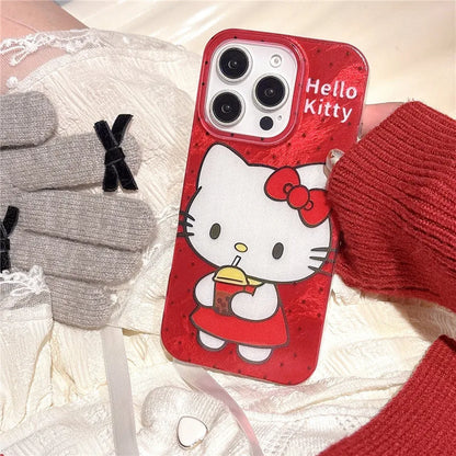 2025 Hello Kitty mignon dessin animé Coque de téléphone pour iPhone 11 12 13 14 15 16 Pro Max Plus rouge IMD nœud papillon corde suspendue couverture Coque