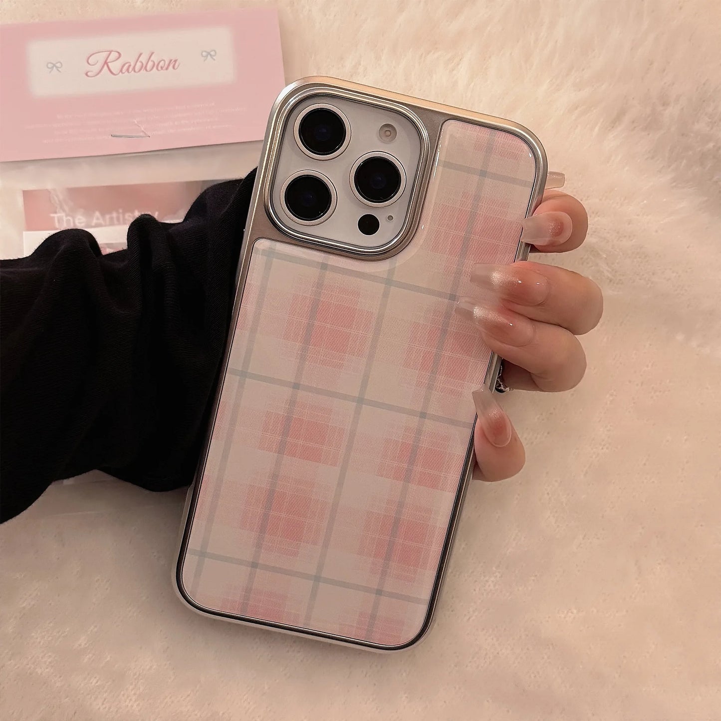 Coque de téléphone rigide antichoc à carreaux roses, étui de protection mignon de Style coréen pour iPhone 13 14 15 16 Pro Max