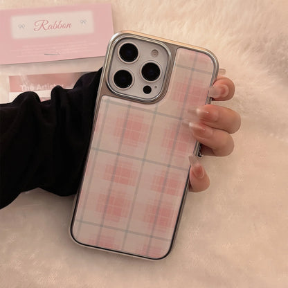 Coque de téléphone rigide antichoc à carreaux roses, étui de protection mignon de Style coréen pour iPhone 13 14 15 16 Pro Max