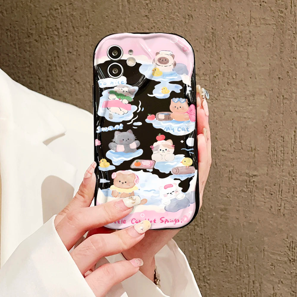 Coque de téléphone chat mignon pour iPhone, bord incurvé ondulé 3D, coque en TPU souple et transparente, iPhone 13, iPhone 15, iPhone 12, iPhone 11, iPhone 14 Pro Max, iPhone X, iPhone XS, iPhone 7, iPhone 8 Plus
