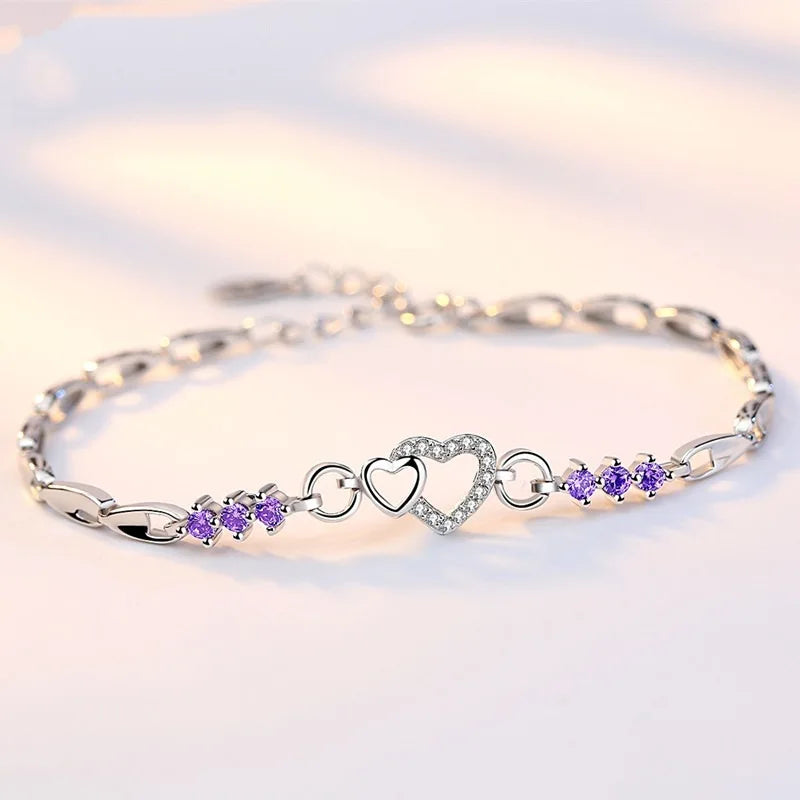 Nouveau 925 Bracelet en argent Sterling violet cristal Zircon coeur pour femme Bracelet à breloques bijoux cadeau