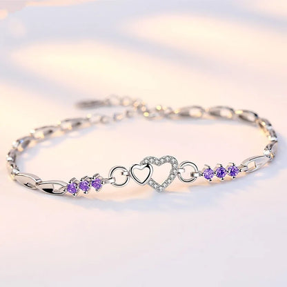 Nouveau 925 Bracelet en argent Sterling violet cristal Zircon coeur pour femme Bracelet à breloques bijoux cadeau