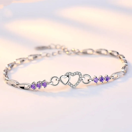 Nouveau 925 Bracelet en argent Sterling violet cristal Zircon coeur pour femme Bracelet à breloques bijoux cadeau