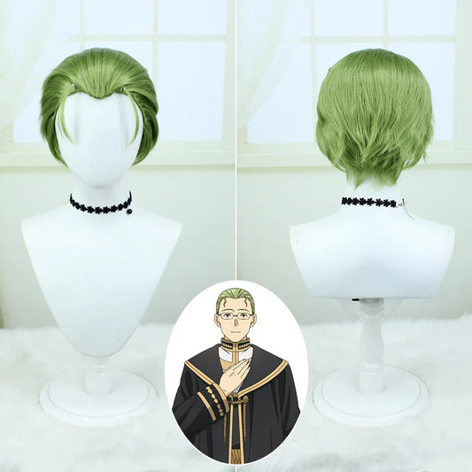 HeClaCosplay-Perruque Synthétique Droite Courte, Frieren aux Funérailles, Cheveux Verts à Dos Léché, Degré de Chaleur, Jeu de Plis d'Halloween