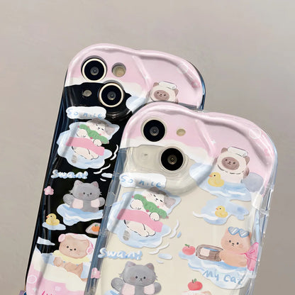 Coque de téléphone chat mignon pour iPhone, bord incurvé ondulé 3D, coque en TPU souple et transparente, iPhone 13, iPhone 15, iPhone 12, iPhone 11, iPhone 14 Pro Max, iPhone X, iPhone XS, iPhone 7, iPhone 8 Plus