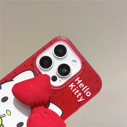 2025 Hello Kitty mignon dessin animé Coque de téléphone pour iPhone 11 12 13 14 15 16 Pro Max Plus rouge IMD nœud papillon corde suspendue couverture Coque