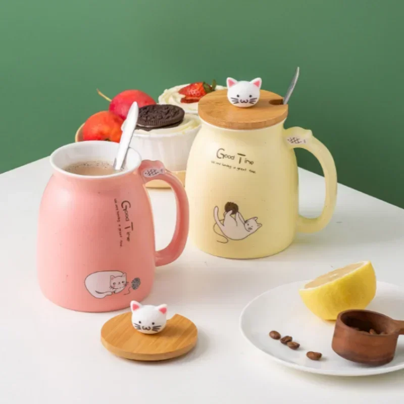 Tasse à couvercle en bois de Style japonais avec cuillère, tasse en céramique de lait de chat de dessin animé mignon, tasse de jus de yaourt glacé, tasse résistante à la chaleur, tasse cadeaux