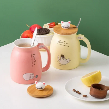 Tasse à couvercle en bois de Style japonais avec cuillère, tasse en céramique de lait de chat de dessin animé mignon, tasse de jus de yaourt glacé, tasse résistante à la chaleur, tasse cadeaux