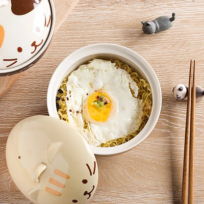 Bol à soupe en céramique créatif japonais, animaux de dessin animé mignons avec couvercle, bol pour chat, bol à nouilles instantanées pour la maison, bol à riz, vaisselle - Bloopop