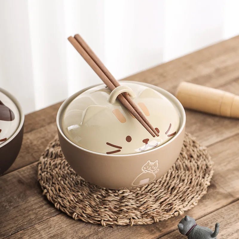 Bol à soupe en céramique créatif japonais, animaux de dessin animé mignons avec couvercle, bol pour chat, bol à nouilles instantanées pour la maison, bol à riz, vaisselle - Bloopop