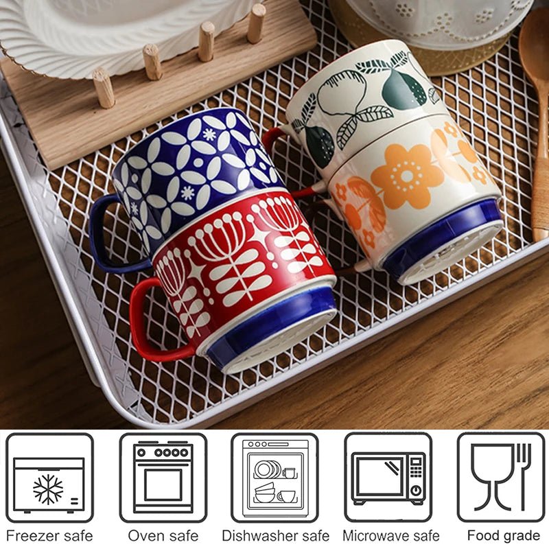YWDL japonais fleur café tasse ensemble rétro céramique lait avoine tasse bureau eau poignée tasse cuisine fête Drinkware ensemble 300ml - Bloopop
